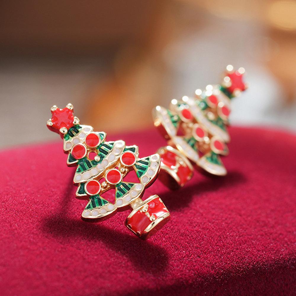 Design Sense Christmas Tree Stud Earrings Female, Colorful Painting Oil Christmas Wind Jewelry, Holiday Manufacturers Wholesale Elegant Wind