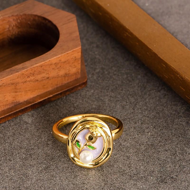 Adjustable Open Ring With Pearl Floral Motif Vintage Oil Painting Style Copper Jewelry Men Women