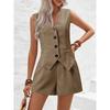 Western Style New Fashion Casual Loose V-neck Button Vest Shorts Set Vest and Shorts Set