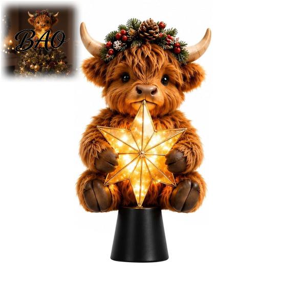 Puntale Stella per Albero di Natale Mucca delle Highlands Puntale Luminoso, Decorazione Illuminata con Ornamenti per Casa Ufficio Festività LED Caldi, Ornamento a Batteria per