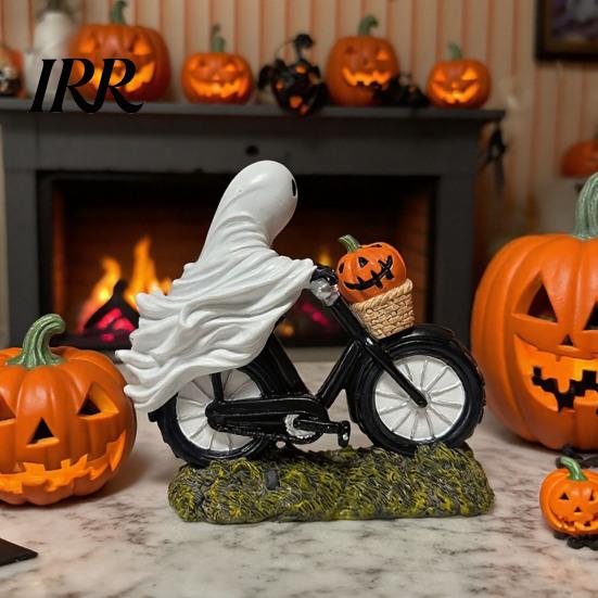 Cute Ghost Riding Bicycle Statue Halloween Motorcycle Figurine, Novelty Rider Resin Figurine for Decoration with Pumpkin Indoor Home Desk Tabletop