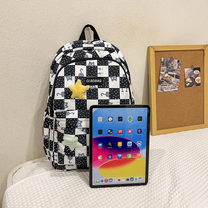 Plaid Cat Print Nylon Schoolbag Large Capacity Backpack High School Student Backpack