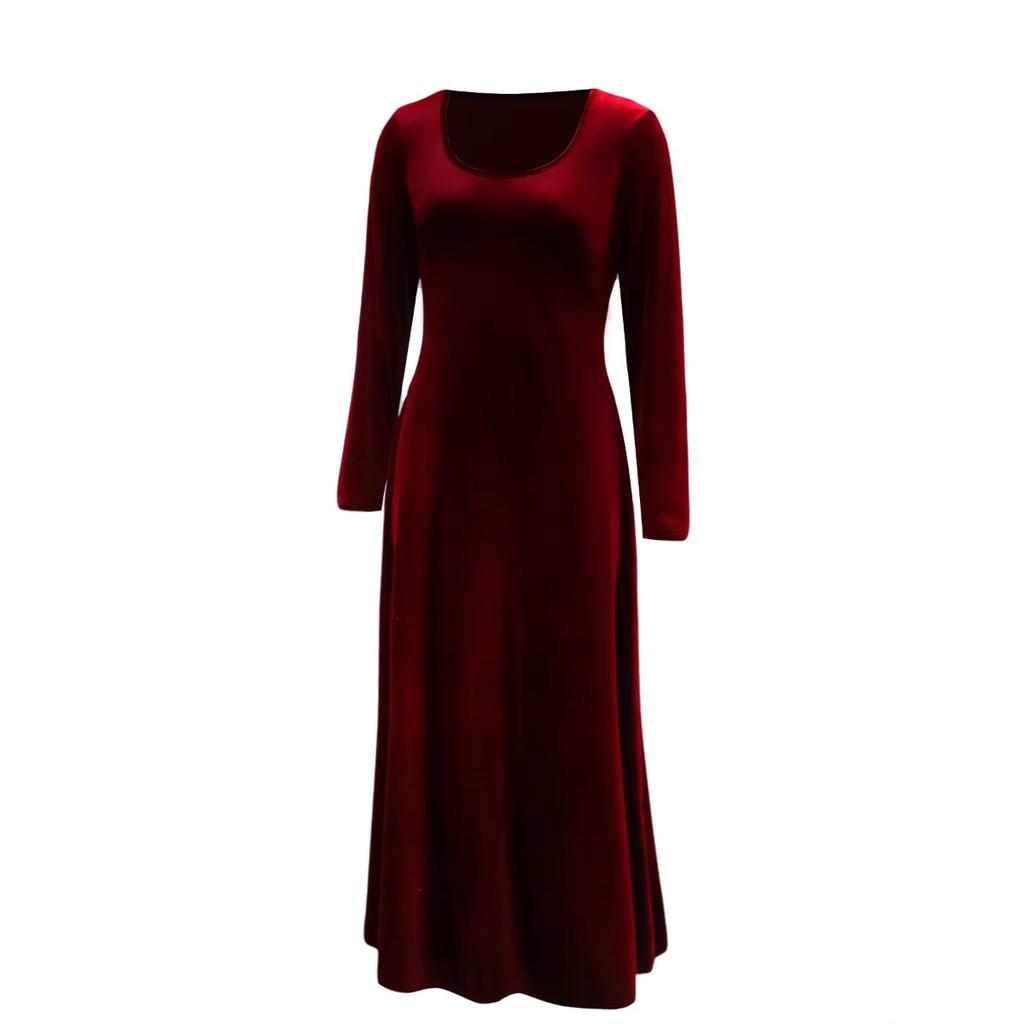 Herbst/Winter Samt Langkleid Rundhalsausschnitt Langarm Große Präsentation Elegantes Samtkleid