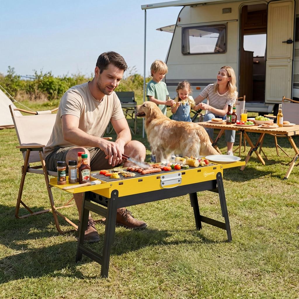 Portable BBQ Grill, Foldable Charcoal Grill for Camping and Picnics with 2 Side Shelves and Handle, Yellow