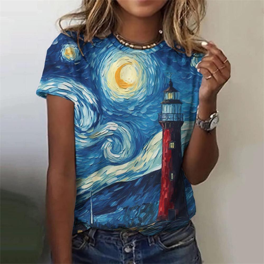 Sommer 3D-gedrucktes Ozean-Leuchtturm-T-Shirt für Damen Grafik-T-Shirts Nachtszene Lässige Harajuku T-Shirts Kurzarm Rundhals Oberteile