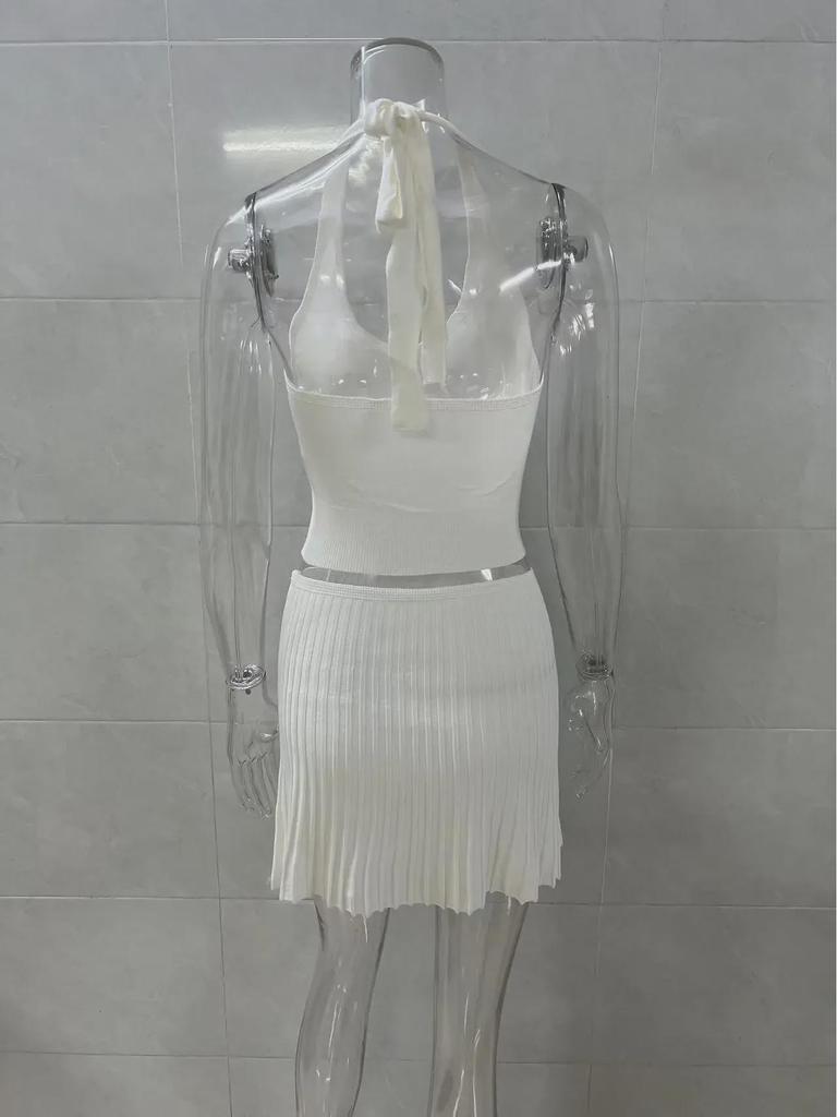 European & American Trendy Women's Halter Neck Backless Vest & High Waist Pleated Skirt Two-Piece Set for Spring