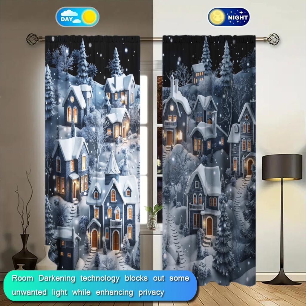 2 szt. Świąteczna Scena Nocna Wioski Lodu i Śniegu Drukowana Zasłona do Dekoracji Domu - Kieszeń na Karnisz Obróbka Okna do Sypialni