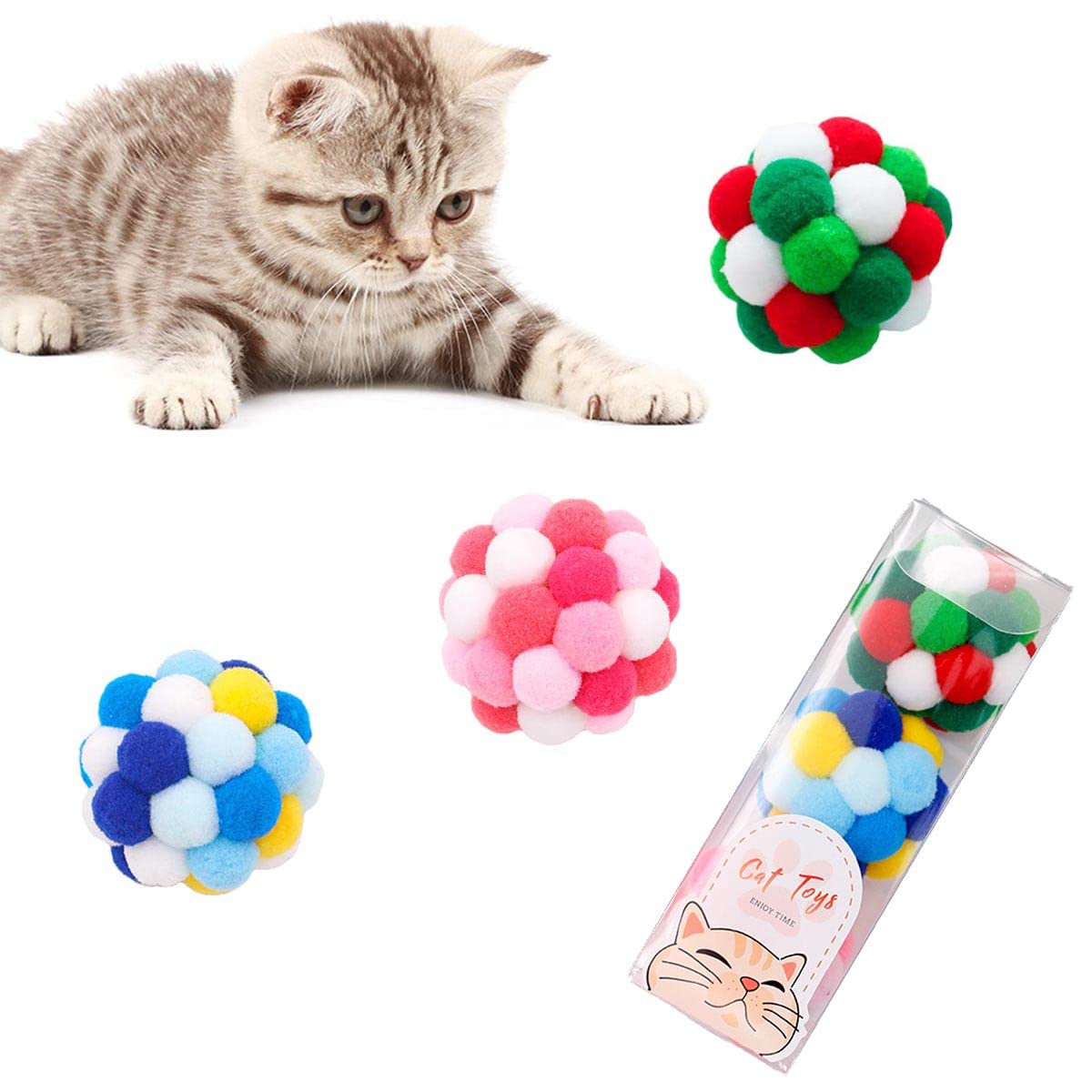 

Cat Pom-Pom Balls, Indoor Cat Toys for Kittens, Interactive Balls, Color-Bounced Balls with Built-in Bells, Exercise Relief, Solo Play for Cats, Set