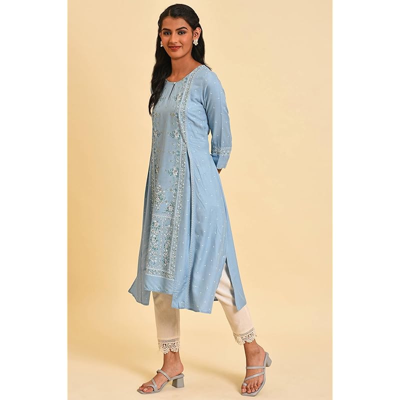

W for Woman Blue Glitter Printed A-line Kurta_23FEW18651-120060_XS XS