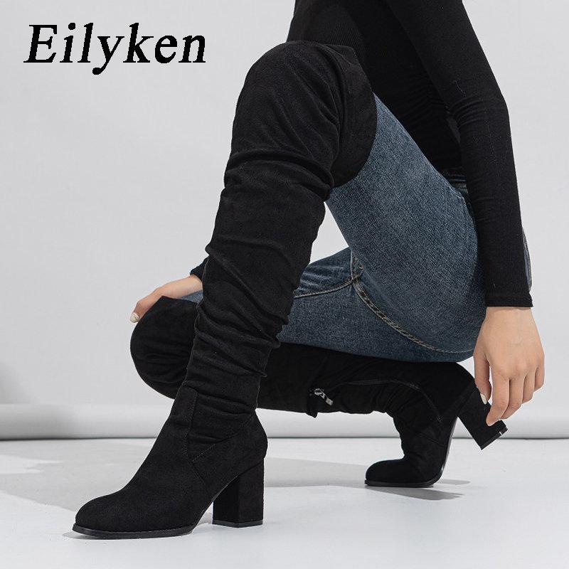 Fashion Eilyken Winter Zipper Women Over-the-Knee Boots Fashion Flock Square Heel Shoes Thigh High Long Botas De Mujer