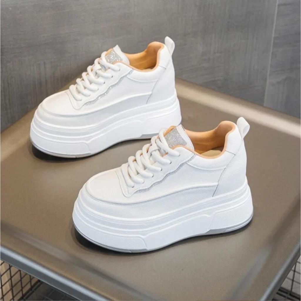 Genuine Leather Flats Casual Sneakers Women 2024 New Chunky Platform Sports Shoes Ladies High Heels Designer Tennis Thick Bottom