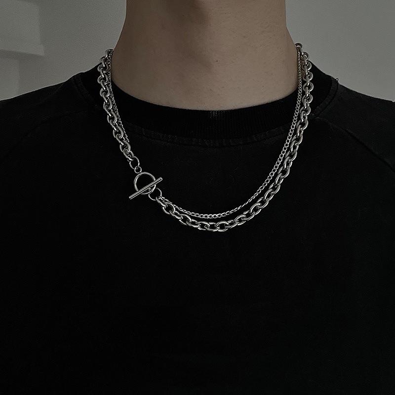 European and American personalized double-layer OT buckle necklace for men and women, simple hip-hop punk thick and thin chain,