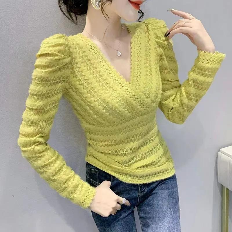 

Модный Сексуальный Внутренний Тонкий Топ с Длинным Рукавом и Кружевом с Отделкой, Новый Осенне-Зимний Плюс Бархат V-образный вырез M жёлтый