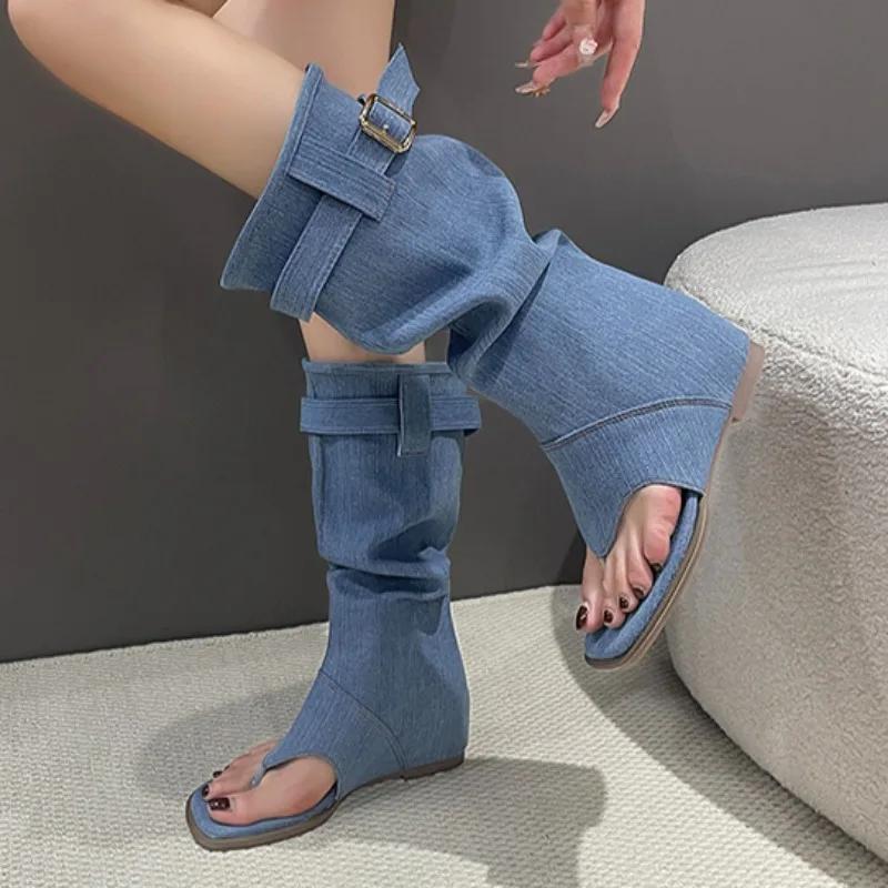 Women Canvas Denim Fashion Clip-toe Sandals 2024 Summer Outdoor Street Open-toed Sandals Casual Walking Flat Shoes Mujer Zapatos