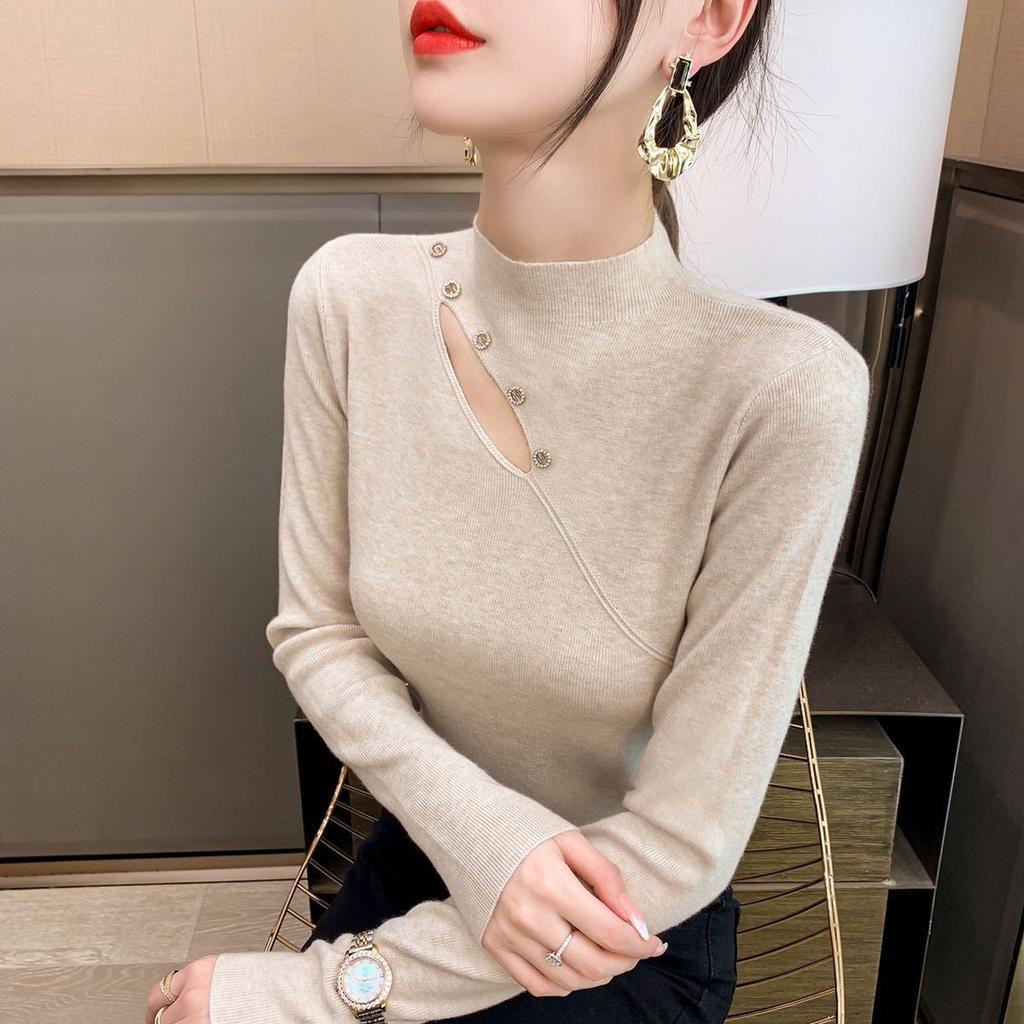 Pure collarbone top women's design semi-turtleneck long-sleeved knitted bottoming shirt women's solid color