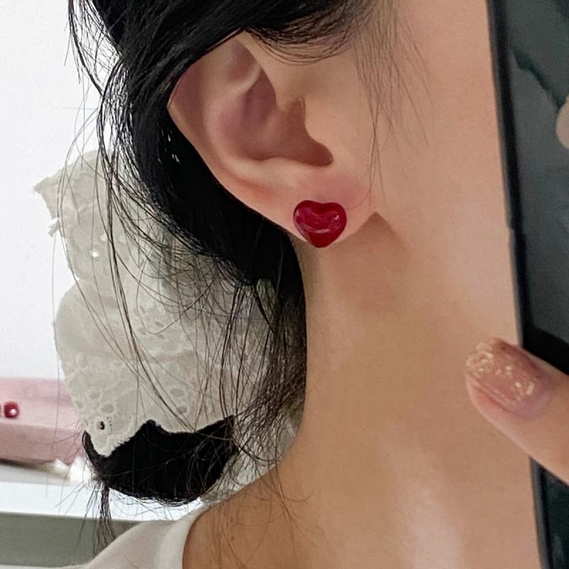 Wine Red Heart Square Round Stud Earrings Women Minimalist Winter Fashion Jewelry