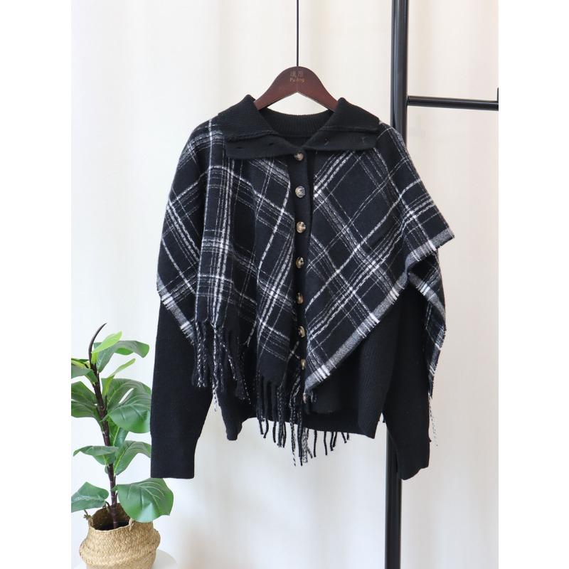

Осень и зима новая мода ложная двухслойная накидка в клетку вязаный кардиган женский свободный свитер куртка one size fits all чёрный