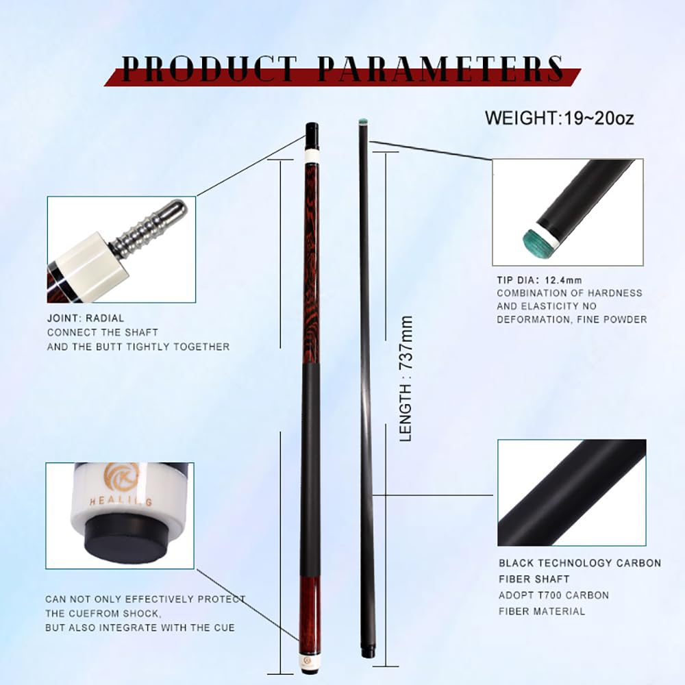 KHEALING Carbon Pool Queue Geeignet für Black Eight und Black Nine 58" 19-20oz 2-teiliger Stock, 12,4mm Spitze, 1/2 Gelenk, Handgefertigt, Gerade, Bälle, 19-20oz