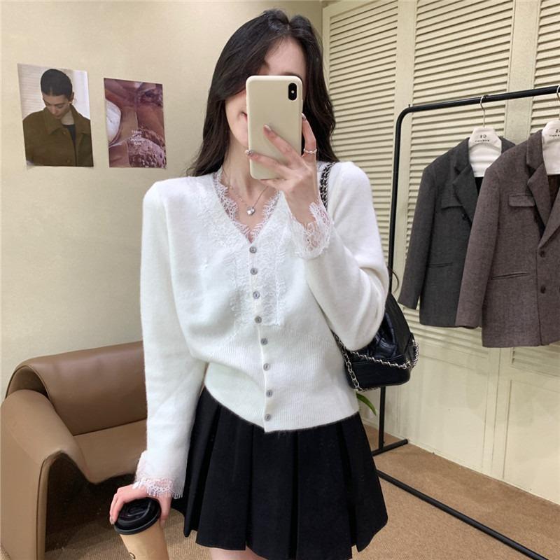 Autumn Long Sleeve Base Cardigan Jackets Women Elegant Slim Fit V-neck Knitted Women's Sweaters Coat Winter Lace Patchwork Cardigans Sweater 25854