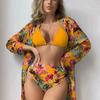 New swimsuit bikini long-sleeved blouse sexy tight-fitting printed split bikini three-piece set
