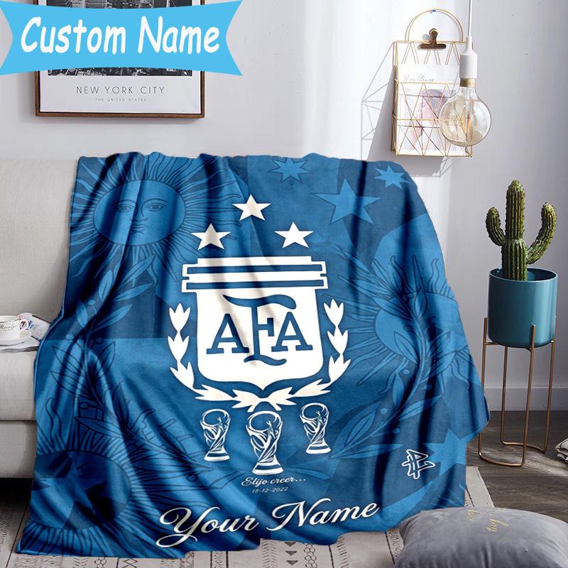 Custom Name Argentina Football Team Flannel Blanket, Use for Birthday/Holiday Gift, Soft Blanket for Sofa/Bed/Camping/Office, Home Decor