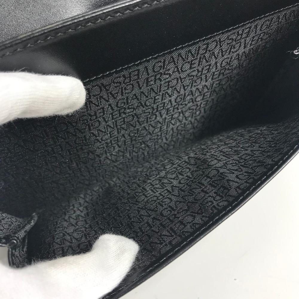 VERSACE with Strap logo Bag Pouch Flap Clutch Bag Leather Black