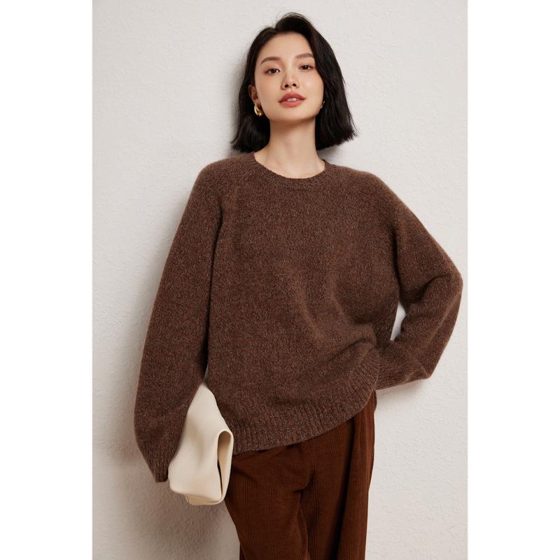 Women's Heavyweight Cashmere Sweater - Round Neck Marled Yarn Knit, Loose Long Sleeve