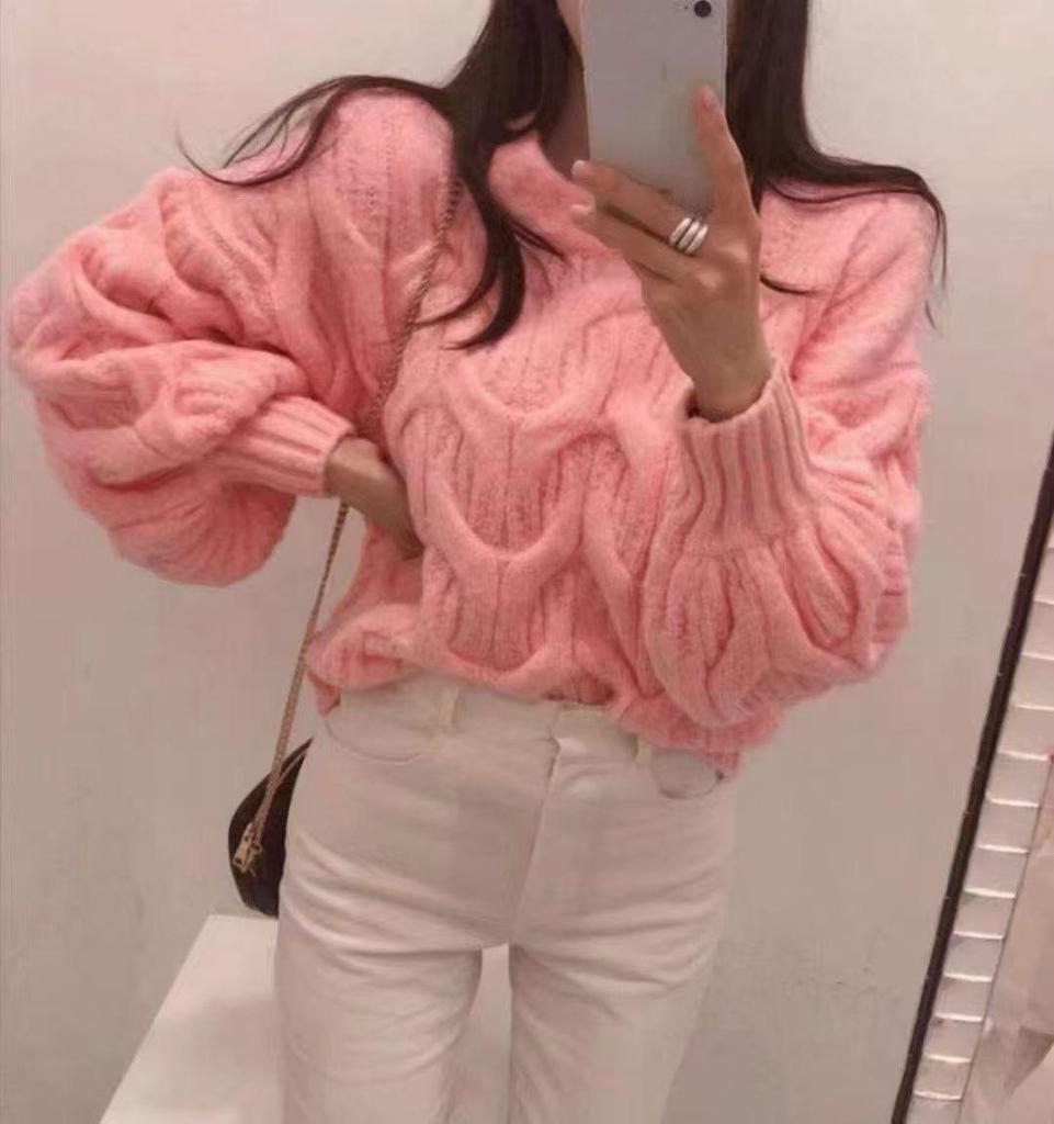 Sweter damski w stylu koreańskim z dzianiny warkoczowej z rękawami typu latarnia – luźny krój, gładki, pulower na jesień/zimę