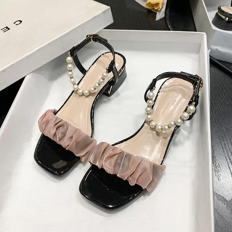 

Fashion Footwear One Word with Low Heels Block Heel White Sandals for Woman Summer 2024 Pearl Roman Style Medium Buckles Women s Shoes F 40