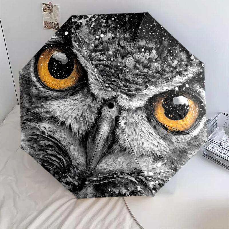 Motivo Gufo e Neve, ombrello pieghevole automatico, design portatile e pieghevole, 8 stecche, un regalo di Natale o di compleanno.