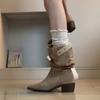 Thick Heel Pointed Tall Pleated Tube Pile Boots Women's Summer and Autumn Cowboy Medium Tube Knight Boots