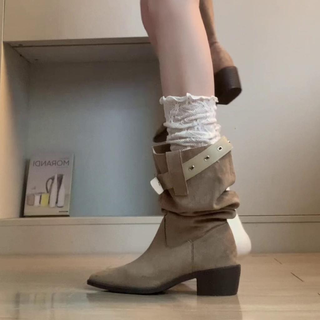 Thick Heel Pointed Tall Pleated Tube Pile Boots Women's Summer and Autumn Cowboy Medium Tube Knight Boots