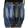 Dame Vasket Blå Højtaljede Metaløjer Vide Ben Jeans Afslappet Løstsiddende Streetwear Bukser Afslappede Bukser