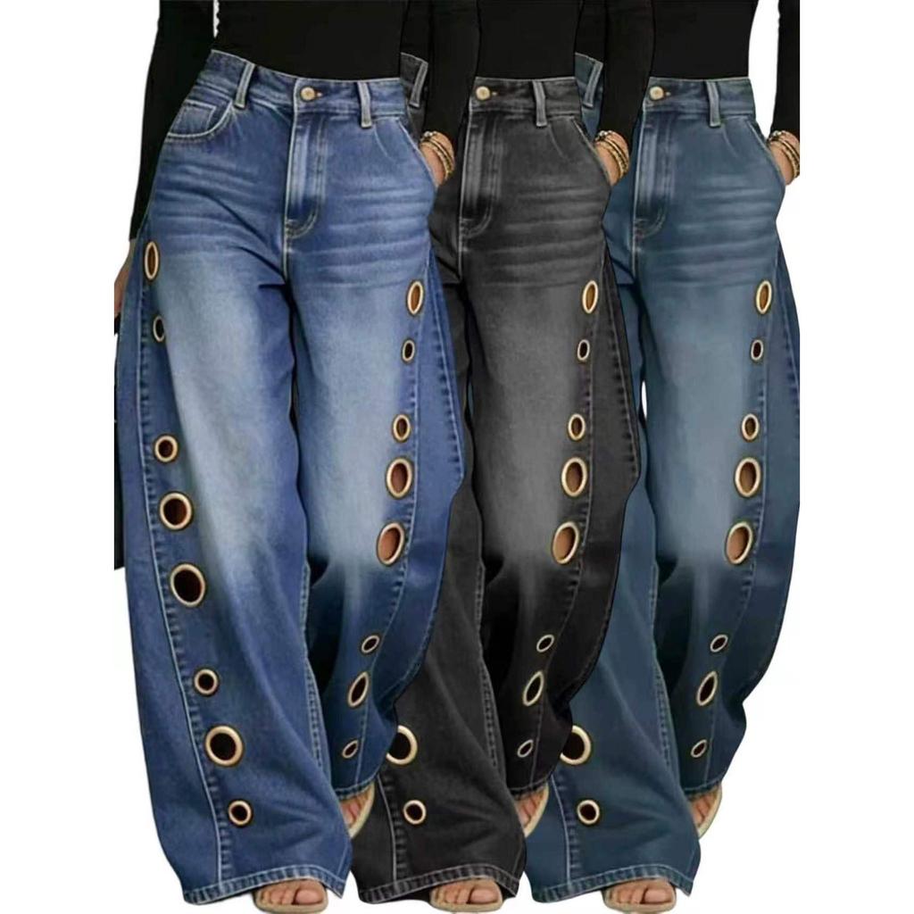 Women's Washed Blue High-Waist Metal Grommet Wide Leg Jeans Casual Loose Fit Streetwear Pants Casual Trousers