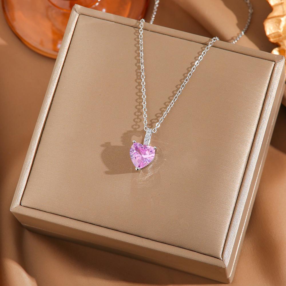 [Micro-Set Pink Zircon Titanium Steel Necklace Sweet Light Luxury Fashion Choker Jewelry]