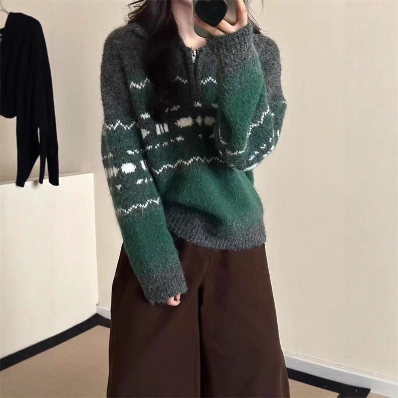 Women's French Fair Isle Color Block Half-Zip Knit Pullover Sweater - Autumn/Winter 2026