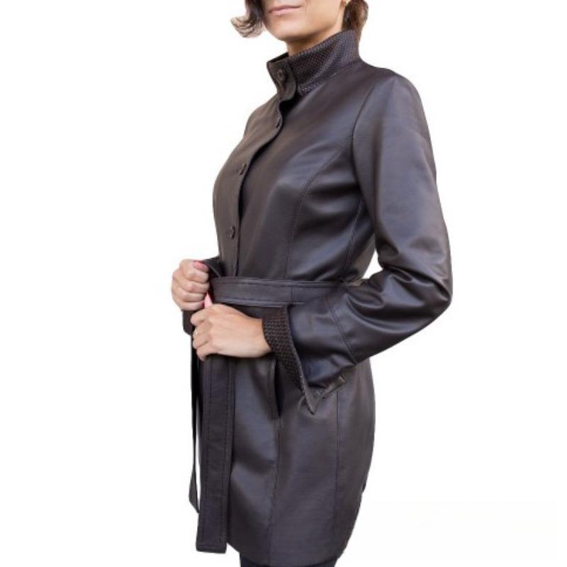 Autumn and Winter Long-length Leather Jacket Leather Windbreaker Jacket Women Stand Collar