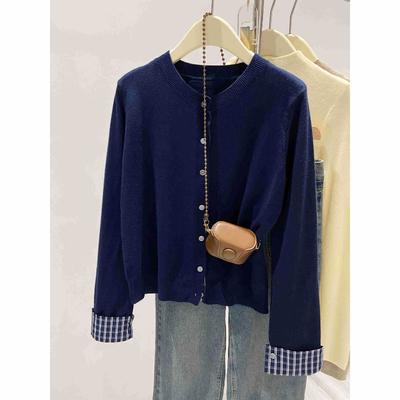 Premium Plaid Splicing Top Jacket Women's Autumn Stacking Wear Soft Waxy Knitted Sweater Cardigan