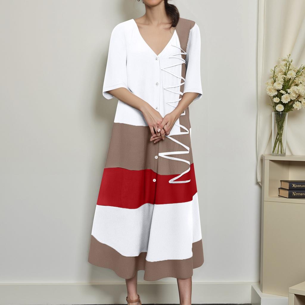 Women's Fashionable V-neck Short Sleeved Button Casual Printed Long Dress