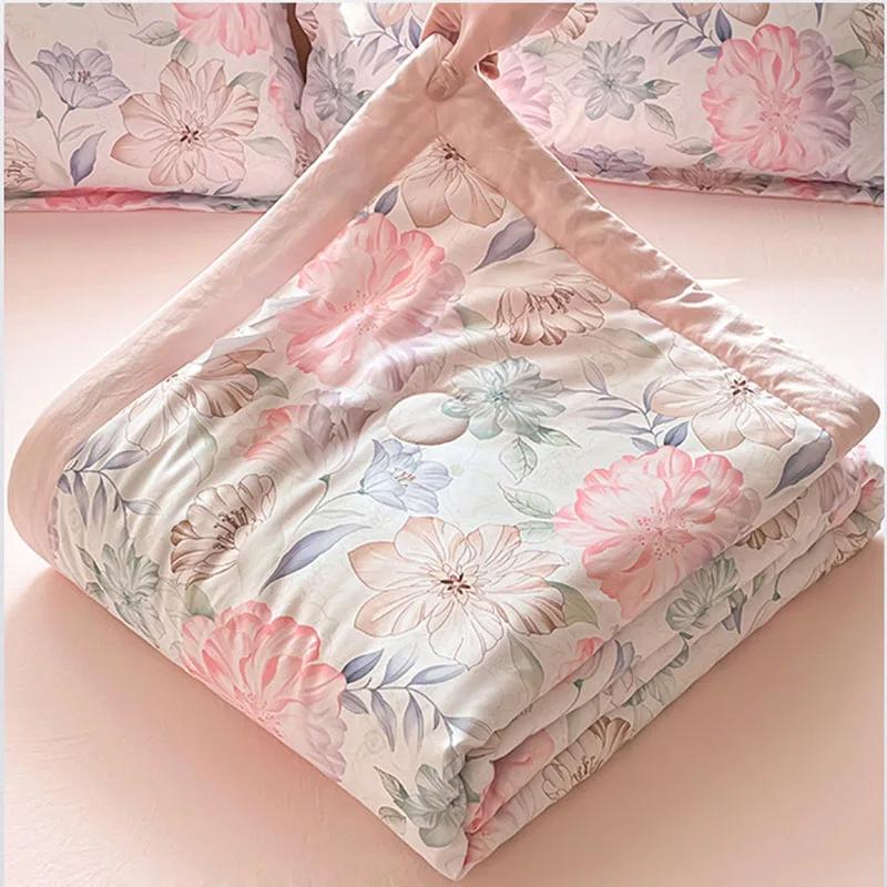 Fashion Flower Print Cool Blanket for Summer Light Skin Friendly Air Conditioner Comforter Single Double Bed Home Decor Quilt