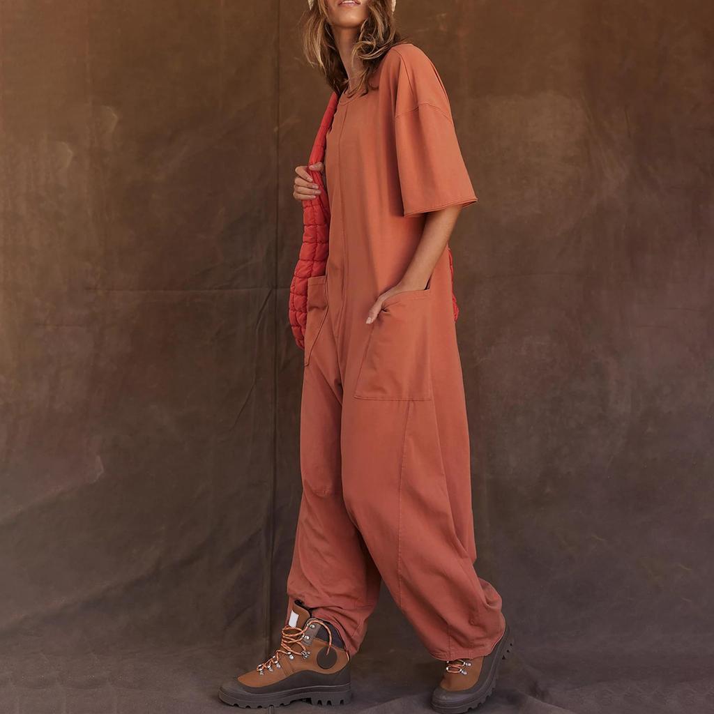 Women Casual Jumpsuits Short Sleeves V Neck Short Sleeve Wide Leg Overalls With Pockets