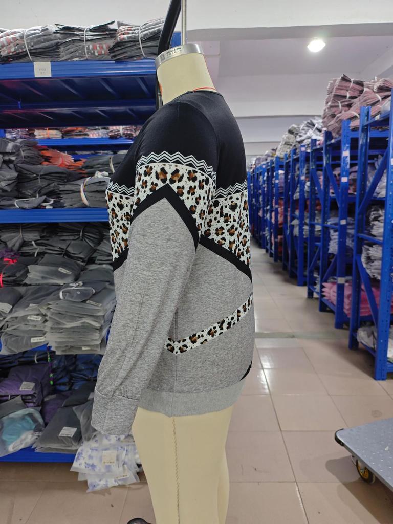 Women's European V-Neck Zipper Top - Autumn/Winter Long-Sleeve Print