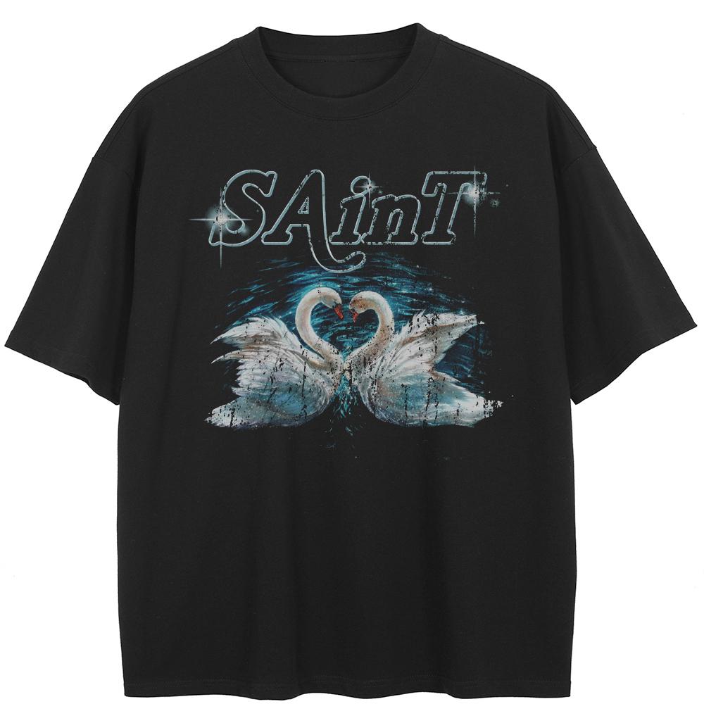 

Уличная одежда Футболка с графикой лебедя Хлопковая футболка Унисекс Топы Футболки Летняя футболка с коротким рукавом XL чёрный