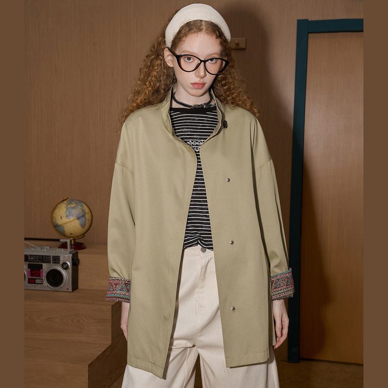 Coolhut Design Features a Unique Patchwork, Loose Fit, Classic British Style, New Women's Trench Coat with Dropped Shoulders and a High Collar