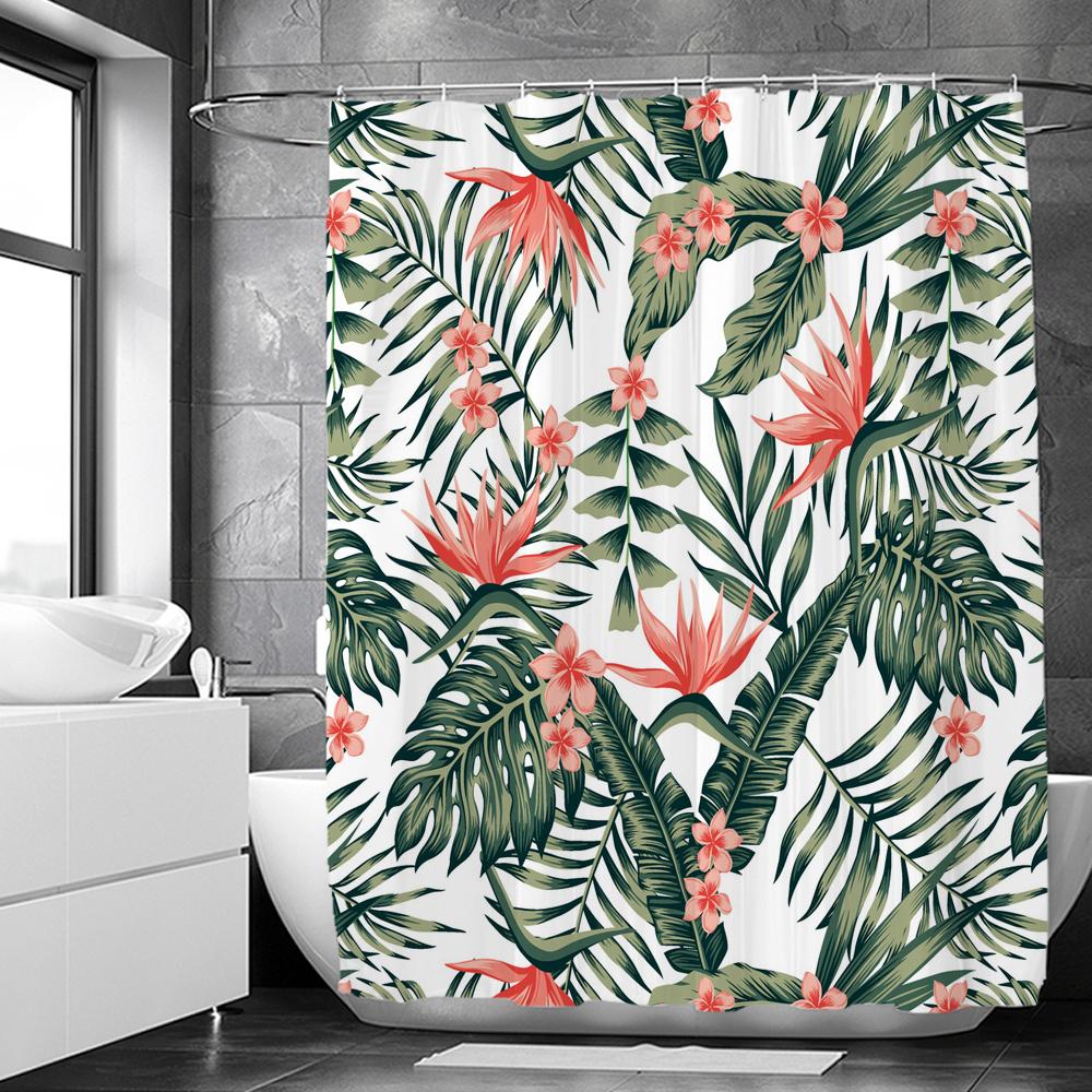 Green Plant Leaves Print Shower Curtains Watercolor Boho Floral Waterproof Morden Bathroom Bathtub Curtain Room Decor With Hooks