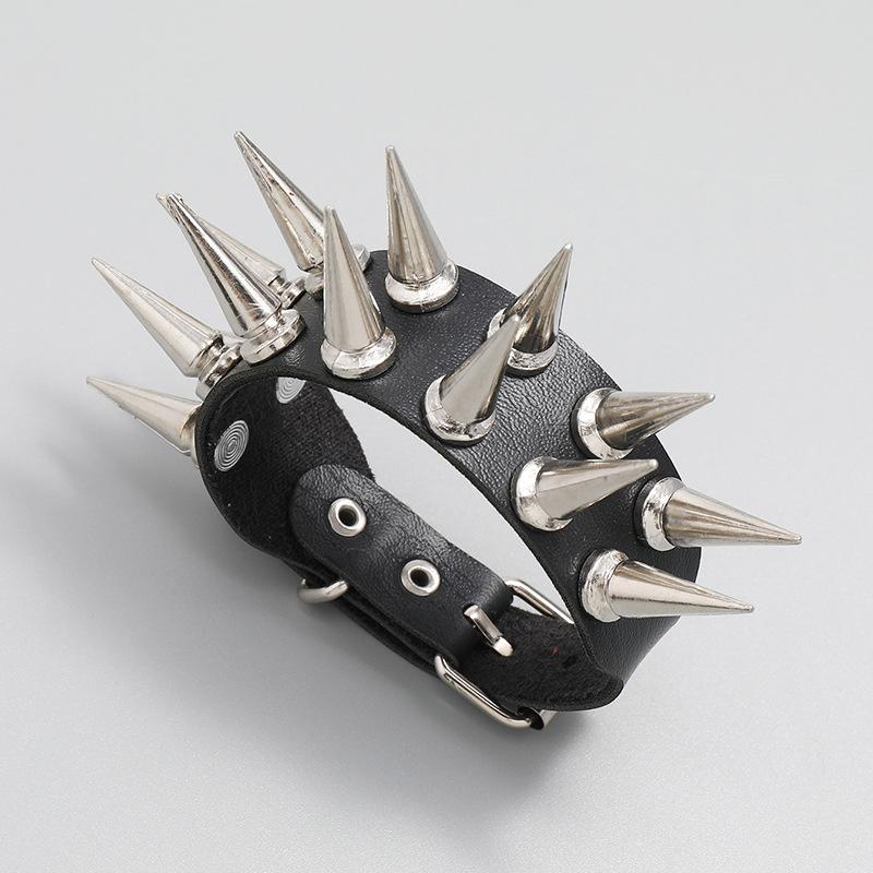 DIEZI Personality Rock Men's 2-row Spiked Bracelet Bangle For Women Vintage Punk Cosplay Black PU Leather Wrap Bracelet Jewelry