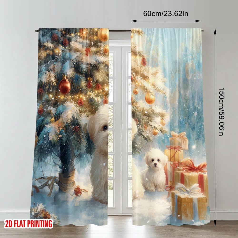 Set Of 2 Flat Printing Merry Christmas Curtains Puppies Snow Gift Digital Printed Polyester Drapes Family Party Made