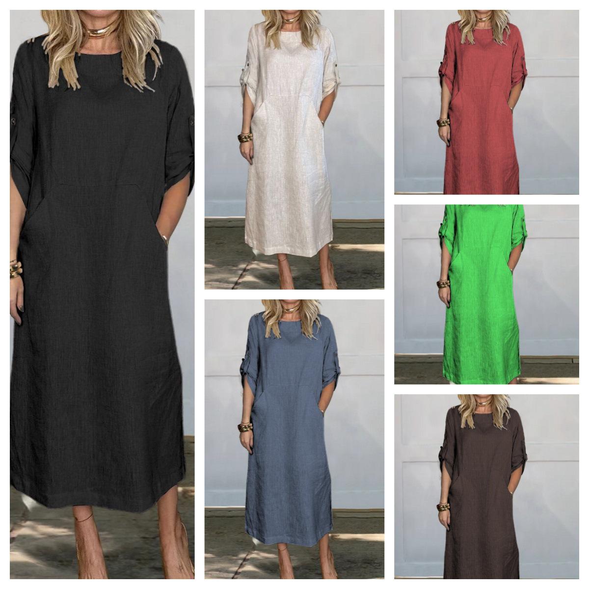 

Spring/Summer Women s Solid Color Cotton-Linen Dress with Pockets S жёлтый