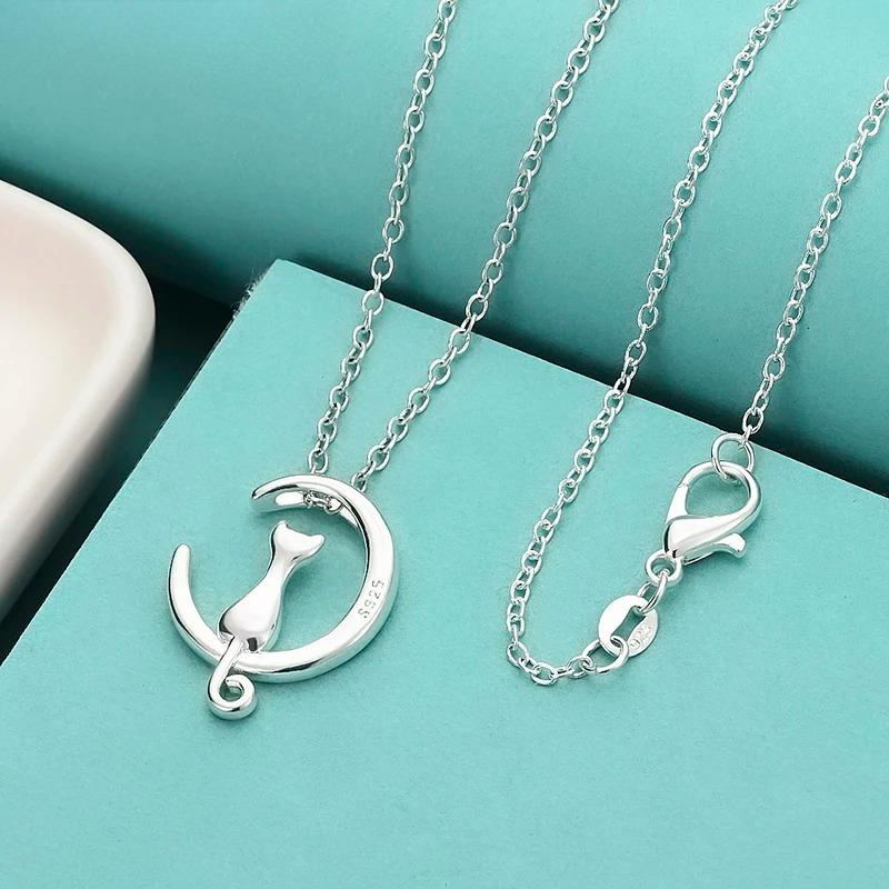 925 Sterling Silver Necklace for Women Moon Kitten Cat Necklaces & Pendants Link Chain Kolye S-N187