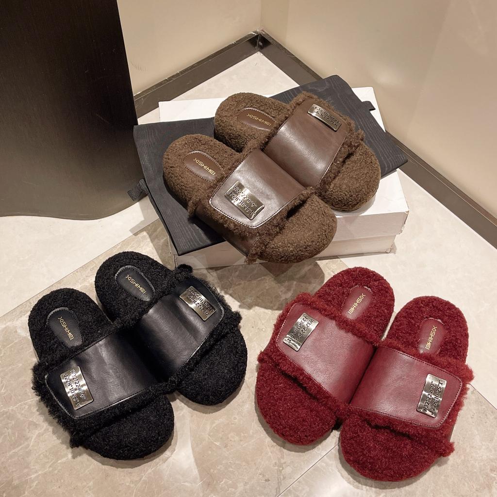 Foreign Style Red Plush Slippers Women's Autumn New Fashion Plush Slippers Small Height-increasing Lamb Wool Slippers